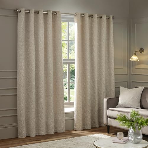 Paoletti Galaxy Eyelet Curtain Pair – Lined Room Darkening Luxury Opulent Chenille Curtains (Ivory - 117x137cm)