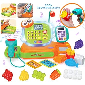 JOYIN Smart Cash Register Pretend Play Cashier with Scanner, Microphone, Play Money and Grocery Toy for Kid Boys Girls, Toddler Interactive Learning, Educational,, Christmas Stocking Stuffers
