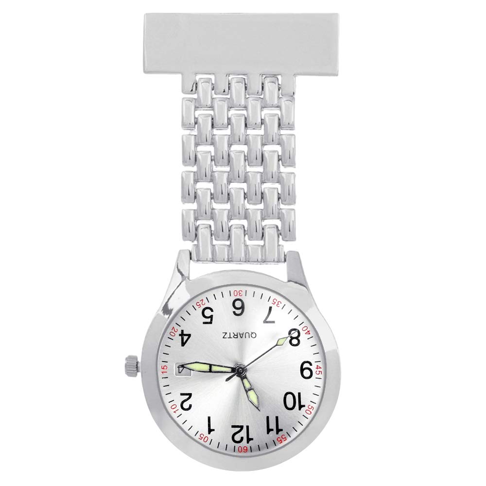 Yideng Nurse Fob Watch with Adjustable Date, Stainless Steel Quartz Doctor Pocket Watches Men Women Lapel Pin Watch Clip-on Hanging Medical Pocket Watch (A, Silver)