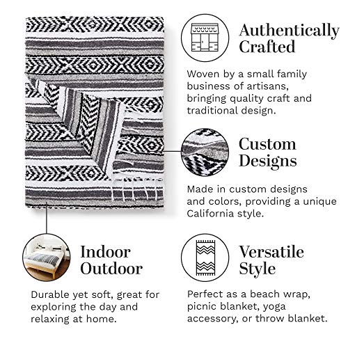 Mexican Serape Blanket| Classic Artisan Throw | Woven Falsa in Traditional Colors | Beach, Camping, Couch, Sofa, Picnic or Yoga Blanket | Gray Ash