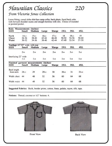 Men's Classic Hawaiian Aloha Shirt Sewing Pattern #220