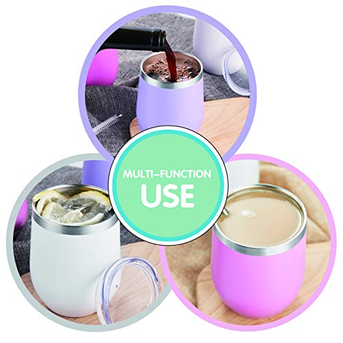 HITSLAM Wine Tumbler 12oz Stainless Steel Tumbler Vacuum Insulated Wine Glass Double Wall Coffee Mug for Champaign, Beer, Office use includes Straw Lid, Straw, Cleaning Brush (Purple)