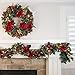 [9 Foot Artificial Christmas Garland] - Red Magnolia Collection - Red and Gold Decoration - Pre Lit with 100 Warm Clear Colored LED Mini Lights - Includes Remote Controlled Battery Powered Timer