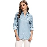 Aeslech Women's Chambray Button Down Shirt Long Sleeve Cotton Blouse Lightweight Denim Tops