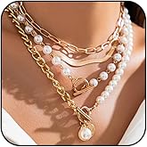 MAQVQLU Gold Layered Chunky Necklace for Women Paperclip Chain Pearl Necklace Herringbone Necklace Gold Chunky Necklaces