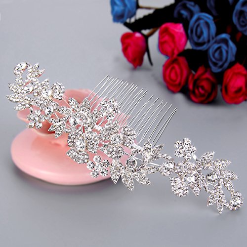BriLove Women's Bohemian Boho Crystal Cluster Flower Vine Leaf Wedding Bride Bling Hair Comb - Thumbnail 2