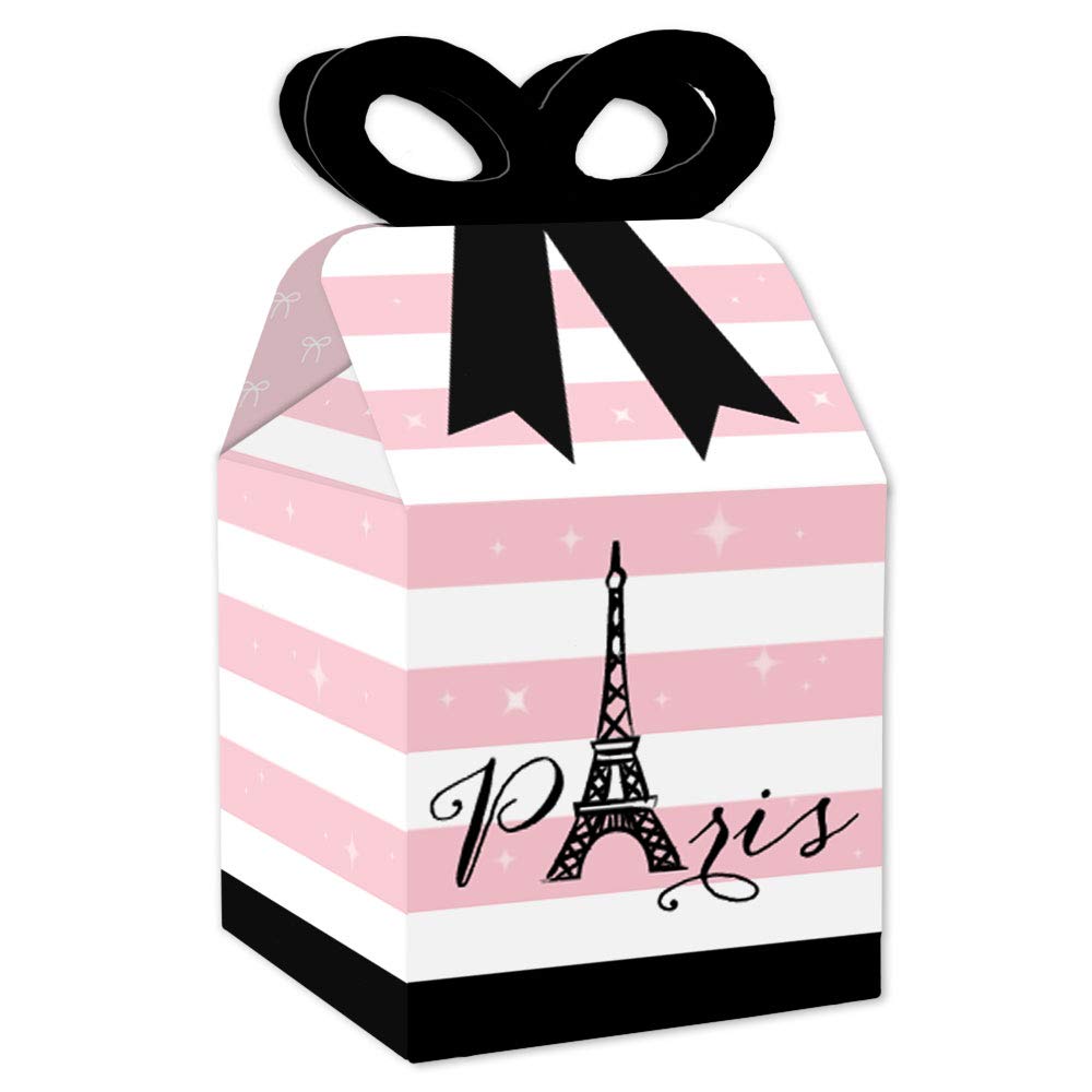 Big Dot of Happiness Paris, Ooh La La - Square Favours Gift Boxes - Paris Themed Baby Shower or Birthday Party Bow Boxes - Set of 12