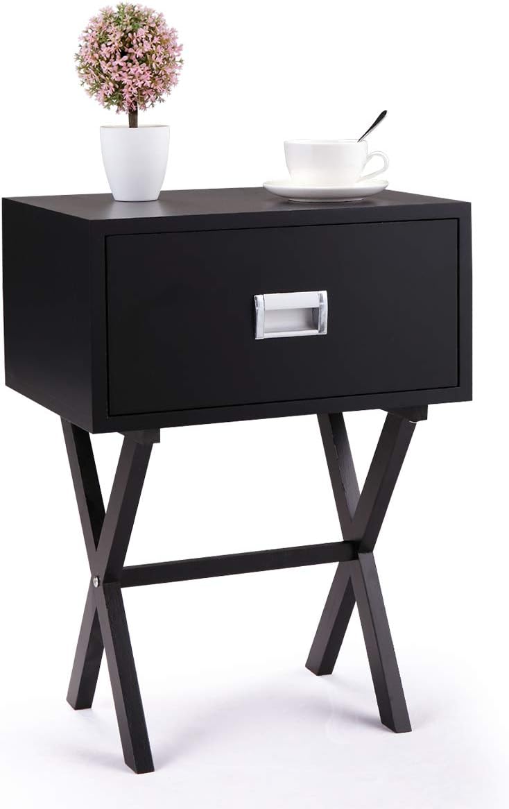 Modern Accent Night Stand Wood Bedroom Side Table with 1 Drawer X-Shaped Base, Black
