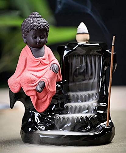 Lightingsky Backflow Incense Holder Incense Tower Burner Ceramic Porcelain Buddha Monk Tower Cones Sticks Holder (Pink)
