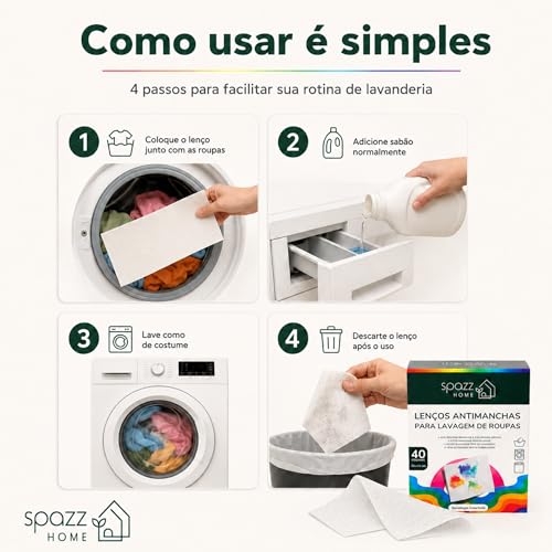 Spazz Home Lenços Antimanchas, 40 Folhas Grandes 28 x 11 cm, Proteção Contra Transferência de Cor, Ajuda a Evitar Manchas na Lavagem, Para Roupas Claras, Escuras e Coloridas
