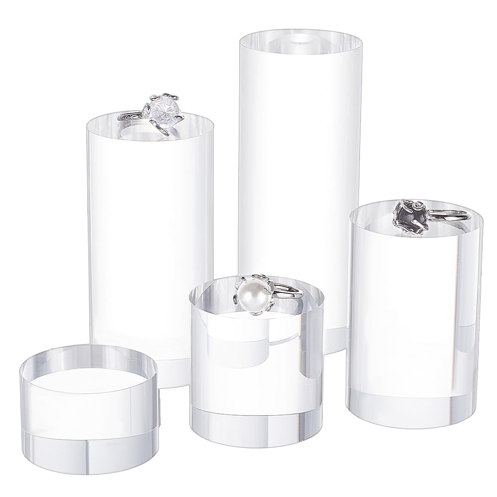 BENECREAT 5pcs Clear Acrylic Display Block - 3/4/6/8/10cm Round Cylinder Solid Pedestal Stand for Jewelry, Gem, Pop Figures & Cosmetic Showing