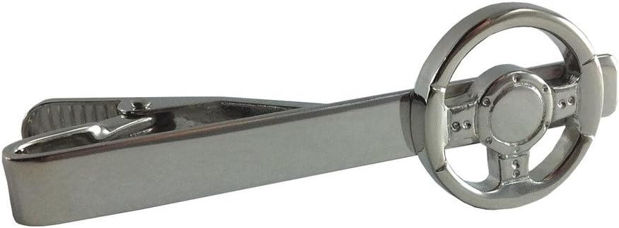 Mens Tie Bar Clip Silver with Car Steering Wheel Emblem Fashion Jewelry