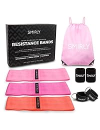 Hip Exercise Resistance Bands Set: 3 Thick Fabric Thigh Bands for Leg and Butt Work Out - Womens Loop Band Pack with Sweatbands, Ankle Strap, Gym Bag - Booty, Stretch, and Strength Training Equipment