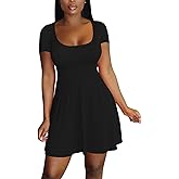 LYANER Women's Scoop Neck Short Sleeve Ruffle Hem A Line Flare Mini Basic Dress