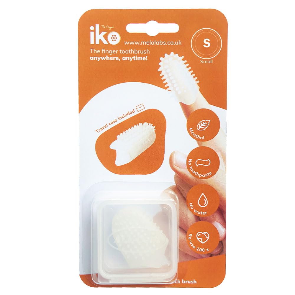 iKo Original Finger Toothbrush + Clear Case, Soft Touch, No Toothpaste or Water Needed, 100% Recyclable Eco Adult Home Dental Care, Mini Travel Oral Health Holiday Essential - Small 15mm Finger