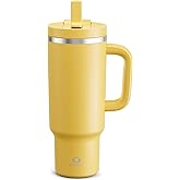 ENCOOL 40 oz Tumbler with Handle and Straw: Stainless Steel Insulated Tumbler Keeps Cold for 24 Hours, Leakproof Travel Cup Fits in Cup Holder and BPA-Free,Elfin Yellow