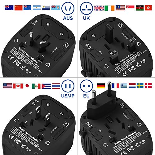 Travel Adapter, 2400W International Power Adapter,1 Type-C PD 3.0 & 1 Smart Type-C & 2 USB All in One Power Plug Adapter for High Power Appliances for UK, EU, AU, US, Over 200 Countries (Black) - Thumbnail 5