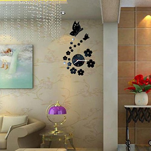 Wall Clocks,Pocciol Butterfly Removable Diy Acrylic Modern Decorative 3D Mirror Wall Sticker Decorative Clock (BK)