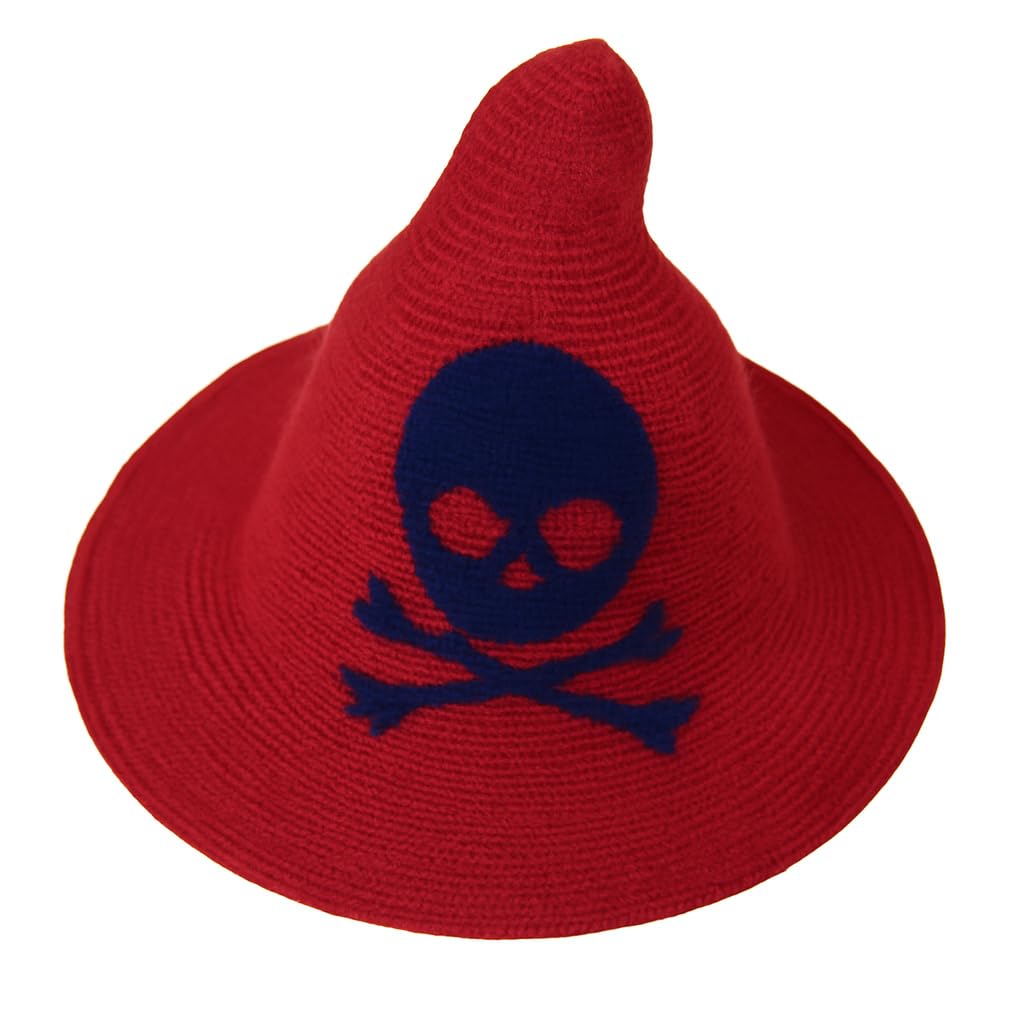 YAMEE Halloween Skull Witch Hat, Wool Knit Wizard Hat for Men & Women, Knitted Cap for Party Costume (Red, M)