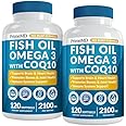 5-in-1 Fish Oil Omega 3 Supplements (2100mg) - Omega 3 Fish Oil with Vitamins D3 & K2 and CoQ10 - EPA DHA Omega 3 Supplement - Lemon Flavored Omega 3 Fatty Acid Supplements, Pack of 2