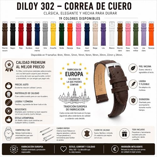 diloy Leather Strap for Classic Watch - Smooth Cowhide Leather with Stitching Padded Stainless Steel Clasp - Sizes 8mm, 10mm, 12mm, 14mm, 16mm, 18mm, 19mm, 20mm, 22mm, 24mm 302