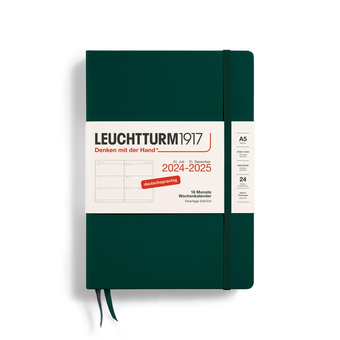 LEUCHTTURM1917 370629 Weekly Planner 2025, Medium A5 Hardcover - 18 Month Planner, 80 g, Lined - Forest Green