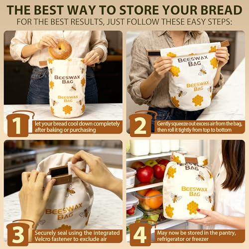 Reusable Beeswax Bread Bags 43cm x 33cm, Natural Beeswax Coated Cotton Storage Bags for Homemade Bread and Pastry with Buckle Closure (1PCS)