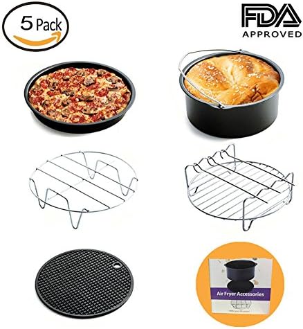 Universal Air Fryer Accessories Fit all 3.7QT,5.3QT,5.8QT for Gowise Phillips and Cozyna Include Cake Barrel,Pizza Pan,Metal Holder,Multi-Purpose Rack with Skewers,Silicone Mat(5 Pack,7 In)