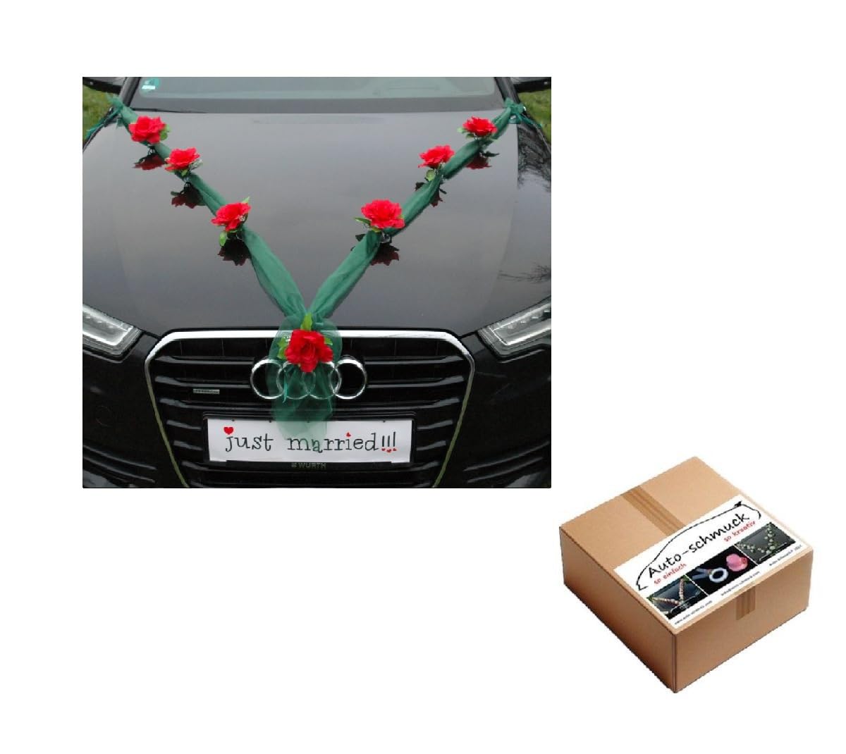 Organza M Auto Schmuck Braut Paar Rose Deko Dekoration Autoschmuck Hochzeit Car Auto Wedding Deko Girlande PKW (Rot/Grun)