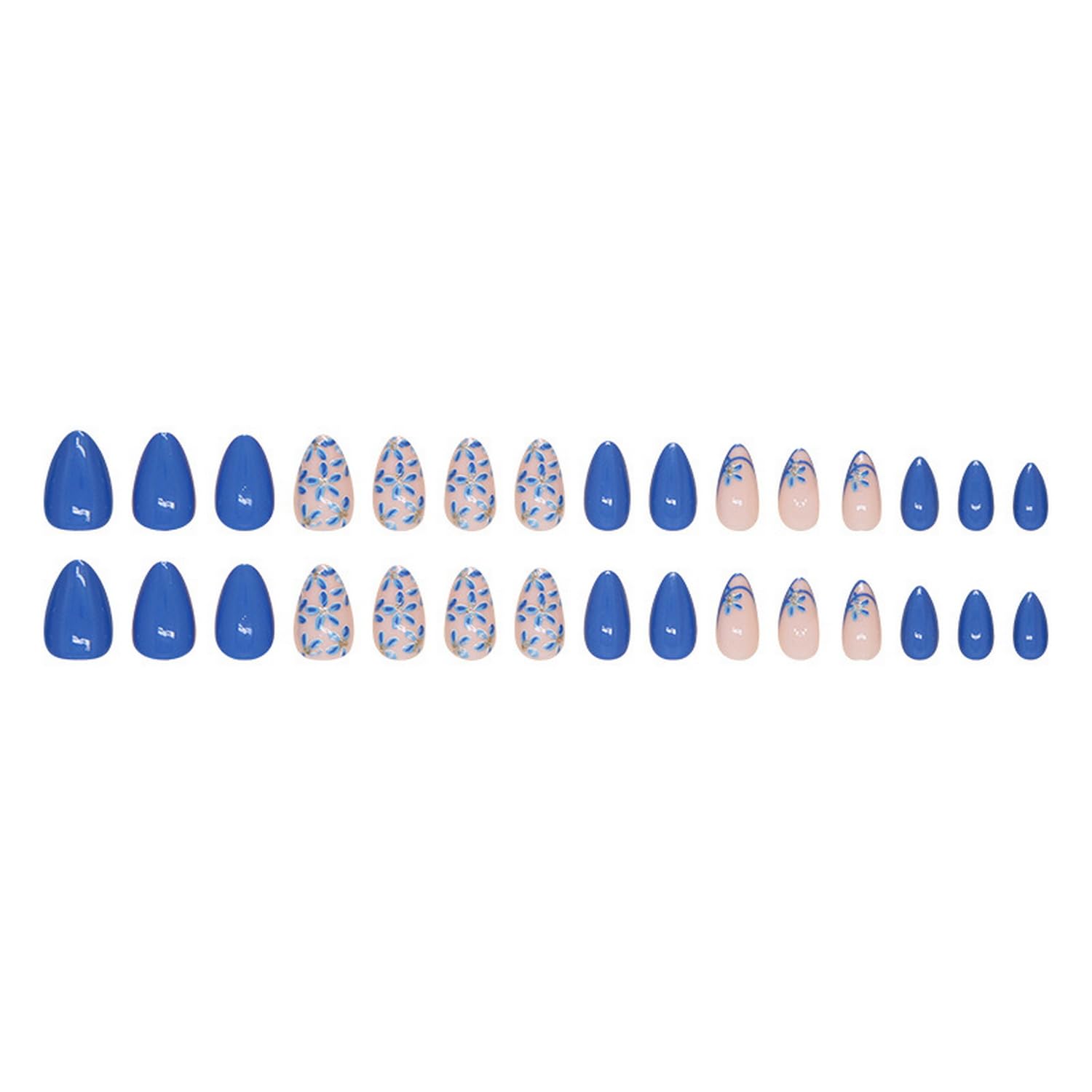 Blue Flowers Press on Nails Medium Almond Fake Nails French Tip Full Cover Glue on Nails Blue Pink Glossy Designs Cute Spring Summer False Nails Stick on Nails for Women Girls Nail Decorations - Image 5