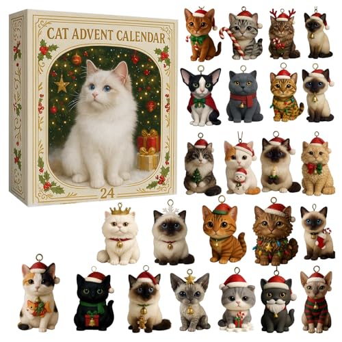 Advent Calendars 2025,24 Day Cat Ornaments Christmas Countdown Calendar Cute Kitten Pendant Advent Calendars Cartoon Kitten Christmas Tree Decorations Countdown Cat Calendar for Cats Lovers White
