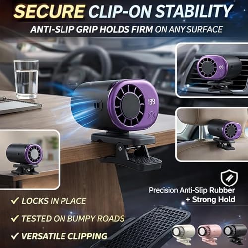 Car Clip On Air Conditioner Fan with LED Display - 360° Rotation, Portable Mini Cooling System for Auto Vehicle USB Rechargeable, 199 Speeds Adjustable, 16℃ Semi-Cooling Wide Clamp (White)