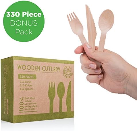Disposable Wooden Cutlery - 330 Piece Premium Pack | 110 Fork, Knife &amp; Spoon Set, 100% Birch Utensils | Eco-Friendly, Biodegradable, Safe &amp; FDA Approved | For Parties, BBQs, Packed Lunches
