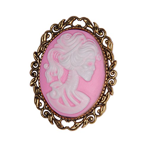 Goth Pink Cameo Skeleton Bride Antique Gold Brooch Pin +FREE GIFT BAG