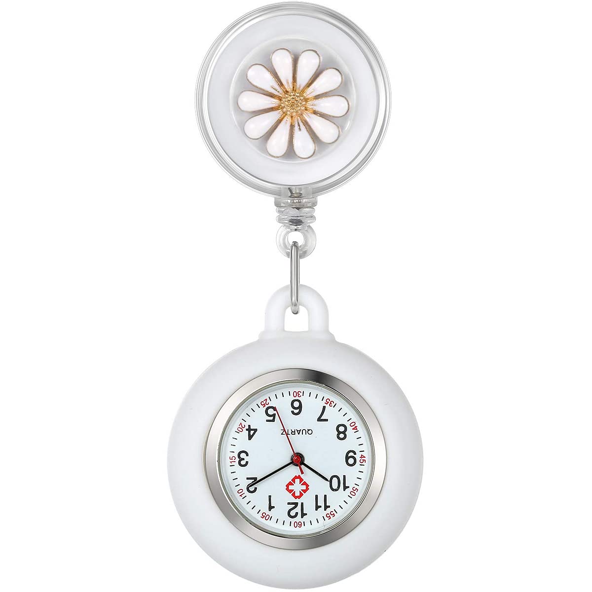 WONOLO Retractable Nurse Fob Watch, Luminous Clip-on Hanging Lapel Pocket Watches with Cute Flower Pattern, Pointer Glow in Dark for Nurses Doctors Paramedics (White)