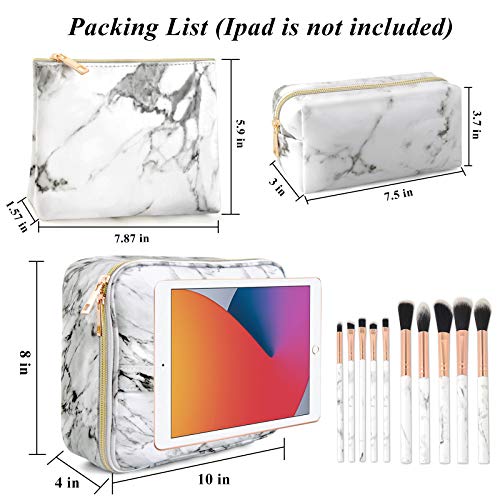 3Pcs Makeup Bags for Women, Travel Makeup Bag, Large Cosmetic Bag, Marble Makeup Bag with 10 Pcs Brushes, Makeup Case… - Image 3