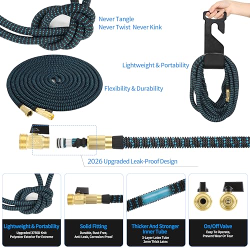 50 ft Expandable Garden Hose with 10 Spray Nozzle - Heavy Duty Superior Strength 3750D - 4 -Layer Latex Core - Expanding Water hoses - Extra Strong Brass Connectors/Storage Bag