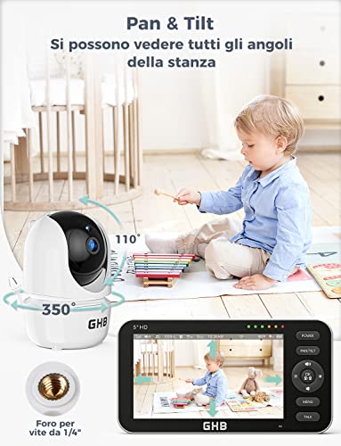 GHB Baby Monitor Video and Audio Camcorder 5 Inch Screen, 168 Hours of Autonomy, 350°/110°, Two-Way Communication, VOX Night Vision Vision Temperature Monitor, Lullabies
