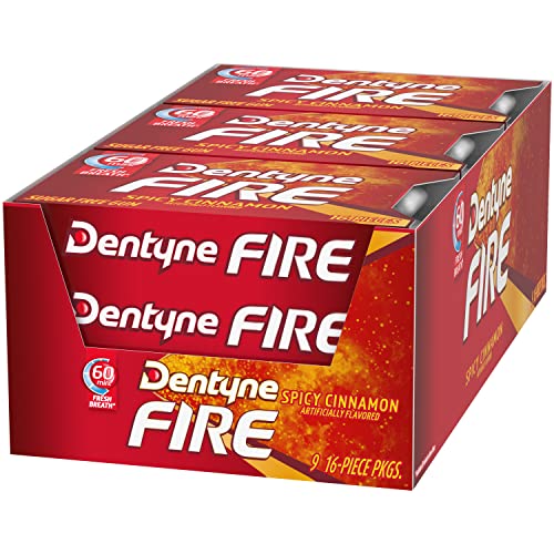 DENTYNE FIRE SPICY CINNAMON SUGAR-FREE CHEWING GUM, PACK OF 9 (144 TOTAL PIECES)