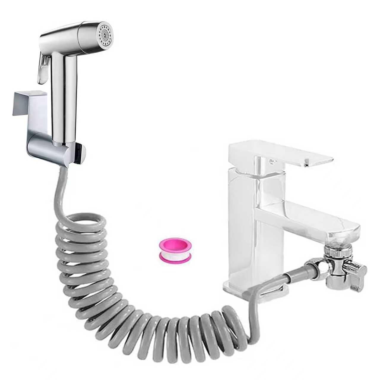 Handheld Bidet Sprayer Toilet Bathroom Douche Cloth Washing Diaper Cleaning Shower Head with 2 Way Shower Diverter, 59 inches Telescopic Hose and Hand Shower Holder