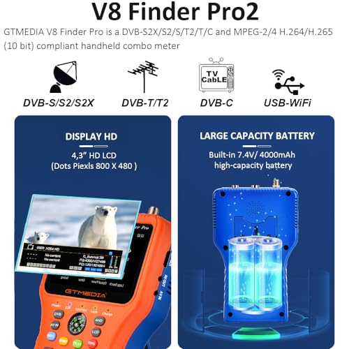 GTMEDIA V8 Finder Pro Digital Terrestrial and Sat Field Meter DVB-S2X / S2 / T2 / C, T2 and Sat Signal Meter MPEG-2/4 H.264 / H.265 Satellite Locator