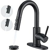Black Bathroom Faucet with Pull Down Sprayer, Single Hole Bathroom Faucet with Pop-up Drain and Flexible Hoses, 1 Handle Sink Faucets for Vanity, Modern Farmhouse, Vanity, Restroom