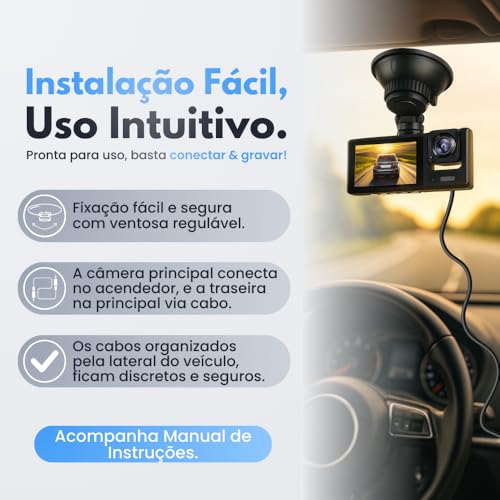 Câmera Veicular 3 Lentes Full HD 1080p, Gravação 360°, Visão Noturna, Sensor G, Detecção de Movimento, Tela LCD, Suporte 32GB