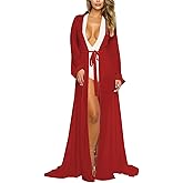 Women's Sexy Thin Mesh Long Sleeve Tie Front Swimsuit Swim Beach Maxi Cover Up Dress