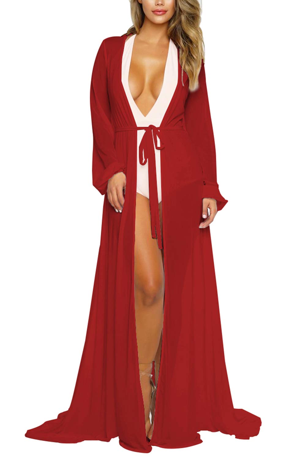 Women's Sexy Thin Mesh Long Sleeve Tie Front Swimsuit Swim Beach Maxi Cover Up Dress