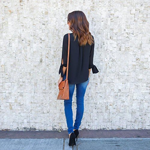 YANG-YI Women V Neck Chiffon Long Sleeve Tops T-Shirt Ladies Casual Blouses (M, Black)