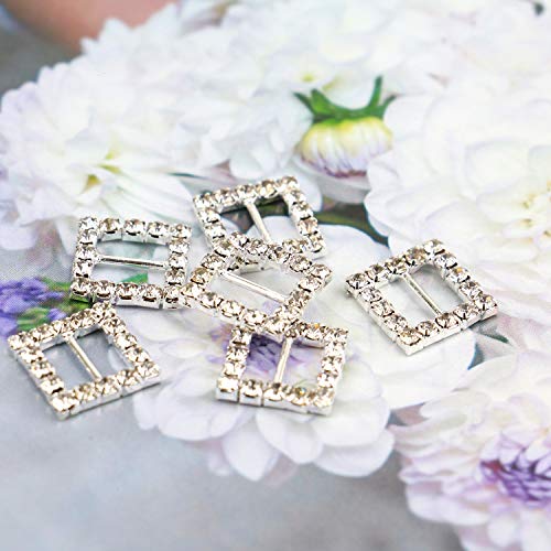 JETEHO Pack of 50 Square Silver Tone Diamante Crystal Rhinestone Buckle Chair Sash Ribbon Slider for Wedding Invitation Letter,15mm - Thumbnail 4