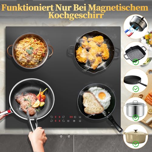 NOXTON Induction Hob 60 cm with Plug, 4 Plates with 3500 W, Self-sufficient Installation Induction Hob, Touch, 9 Heat Settings, 1-99 Min Timer, Child Lock, Automatic Shut-Off
