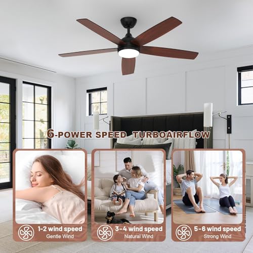 Dorlink Ceiling Fans with Lights and Remote, 52 Inch Flush Mount Ceiling Fan Light for Bedroom, Low Profile LED Ceiling Light with Fan, 6 Speeds Quiet DC Motor, Dimmable Reversible, Walnut/Black