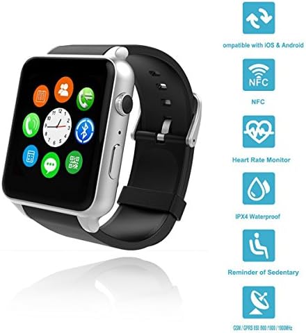 Wingtech Bluetooth Wireless GT88 Smart Watch Pedometer Activity Tracker Heart Rate Monitor Watch with Camera Sim Card Slot for iOS/Android Smartphones (Sliver)